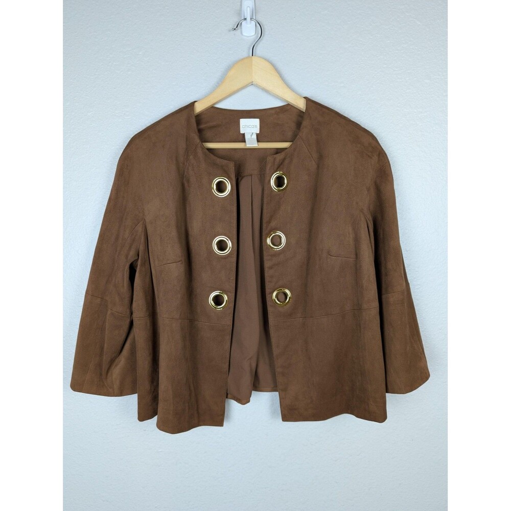 Chico's Jacket Womens Petite‎ 1 Brown Open Front Gold Grommet 3/4 Sleeve